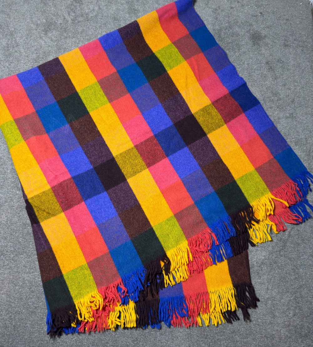 VTG Faribo 100% Wool Blanket Siesta Rainbow Checkered Plaid MCM Fringe Throw USA